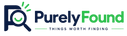 The logo for Purely Found, featuring a stylized magnifying glass icon with a smile and green rays, alongside the text 'Purely Found' in dark blue and green, and the tagline 'THINGS WORTH FINDING' on a white background.