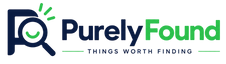 The logo for Purely Found, featuring a stylized magnifying glass icon with a smile and green rays, alongside the text 'Purely Found' in dark blue and green, and the tagline 'THINGS WORTH FINDING' on a white background.
