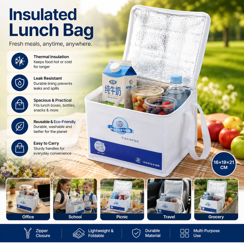 Insulated Lunch Bag 16 × 19 × 21 cm | Thermal Cooler Bag with Zipper & Carry Handles for Office, School, Picnic & Travel (1 Pc)