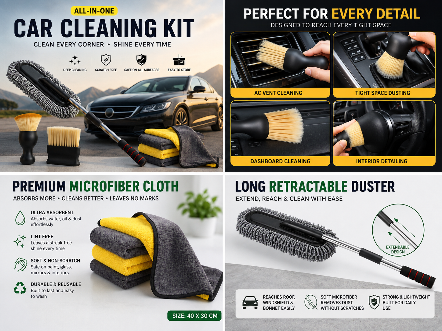 Multi-Purpose Car Cleaning Kit | Extendable Car Duster, AC Vent Cleaner Brush & 40×30 CM Microfiber Cloth for Interior & Exterior Cleaning (1 Set)