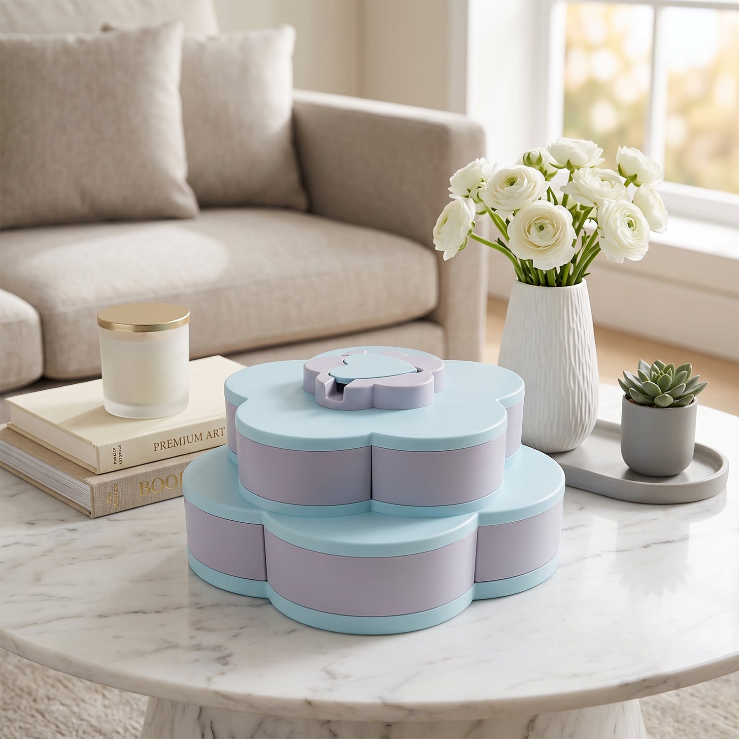 Rotating Candy Dish Flower Shape Multi Section Snack Box With Phone Holder (1 Set)