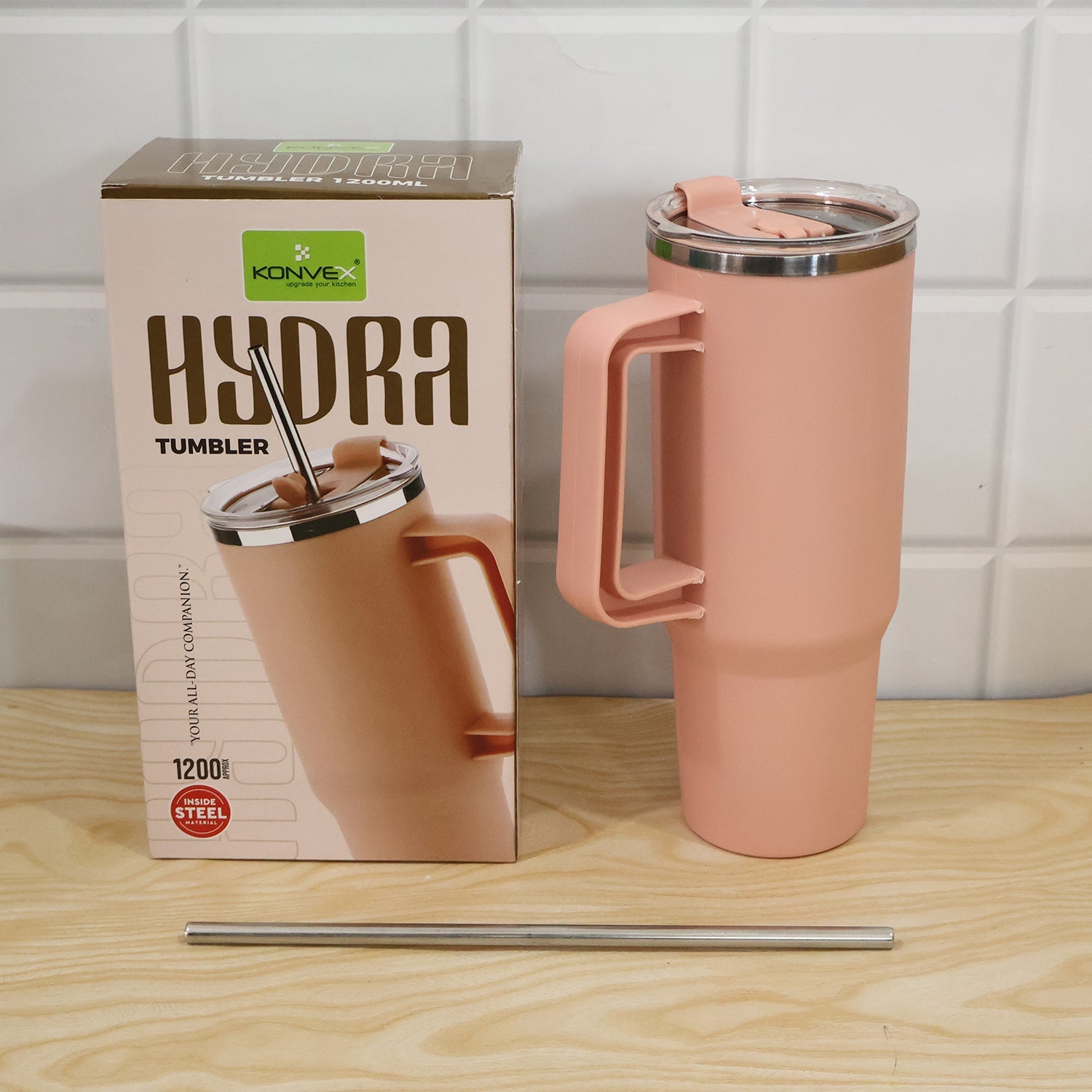Konvex Hydra Insulated Travel Tumbler 1200 Ml With Handle Straw Pink (1 Pc)