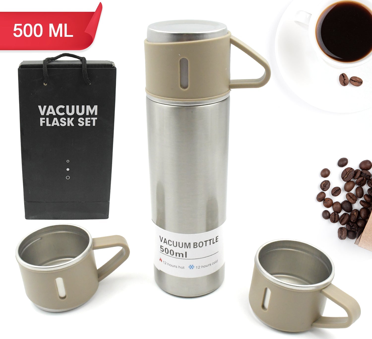 2834 Stainless Steel Vacuum Flask Set With 3 Steel Cups Combo For Coffee Hot Drink And Cold Water Flask Ideal Gifting Travel Friendly Latest Flask Bottle. (500ml)