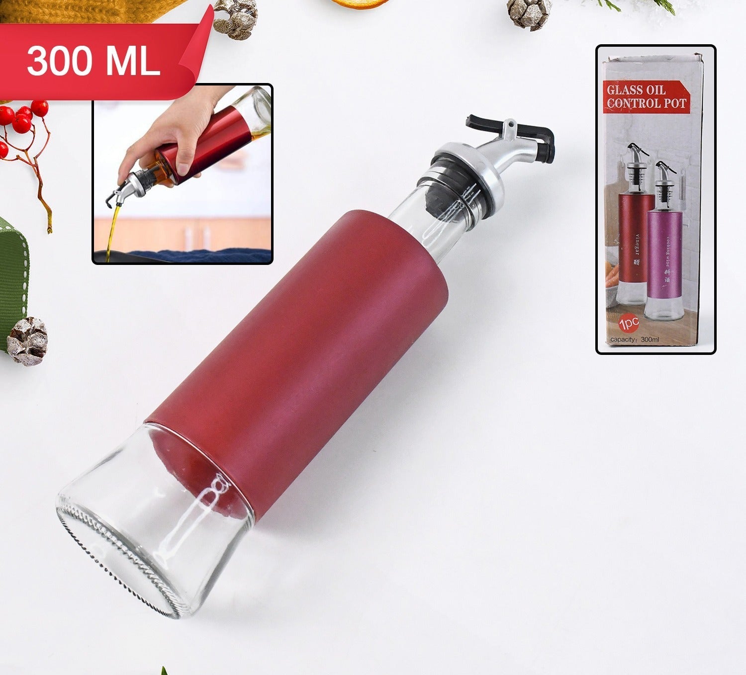 Glass Oil Dispenser With Plastic Covering Oil And Vinegar Bottle (300 Ml)